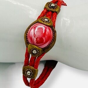Red‎ Bead Leather Brass Boho Bracelet Guatemalan Handmade Vintage Braided